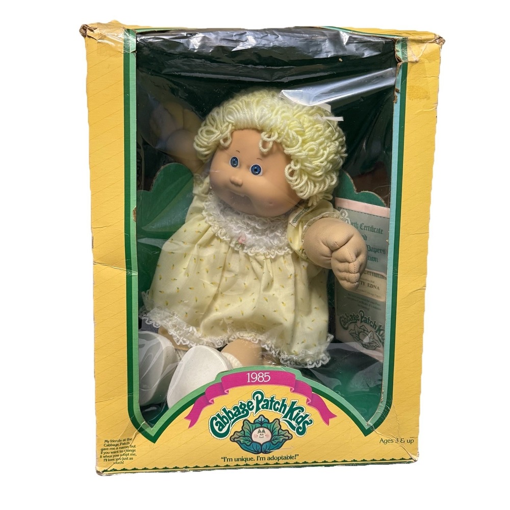 Vintage 1985 Cabbage Patch Kids Doll Birth Cert Hetty Edna Blonde W/ Blue Eyes